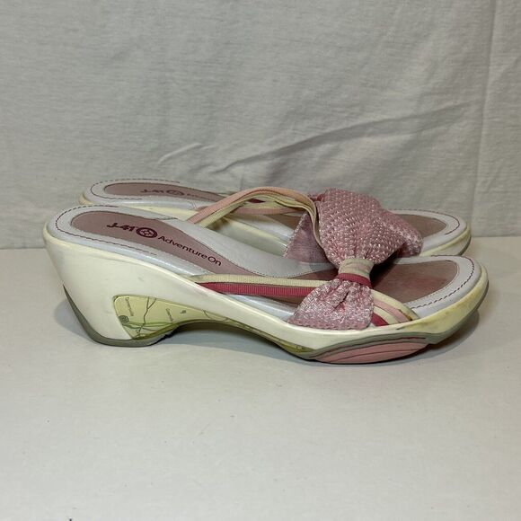 J-41 Adventure on Size 8.5 Jeep Pink & White Strappy Open Toe Wedge Sandals - Picture 1 of 7